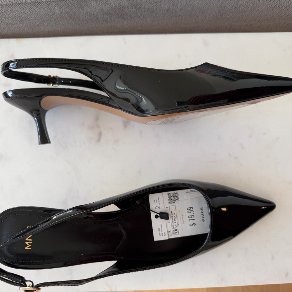 Mango Black Patent Slingback Pointed Toe Kitten Heels